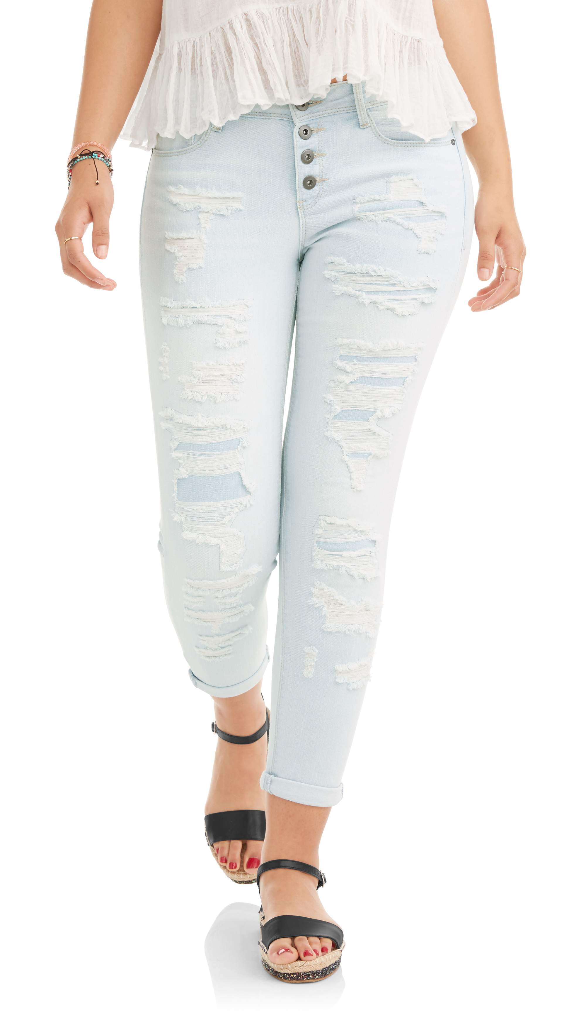 No Boundaries Juniors' Destructed Relaxed Rolled Cuff Skinny Jeans 