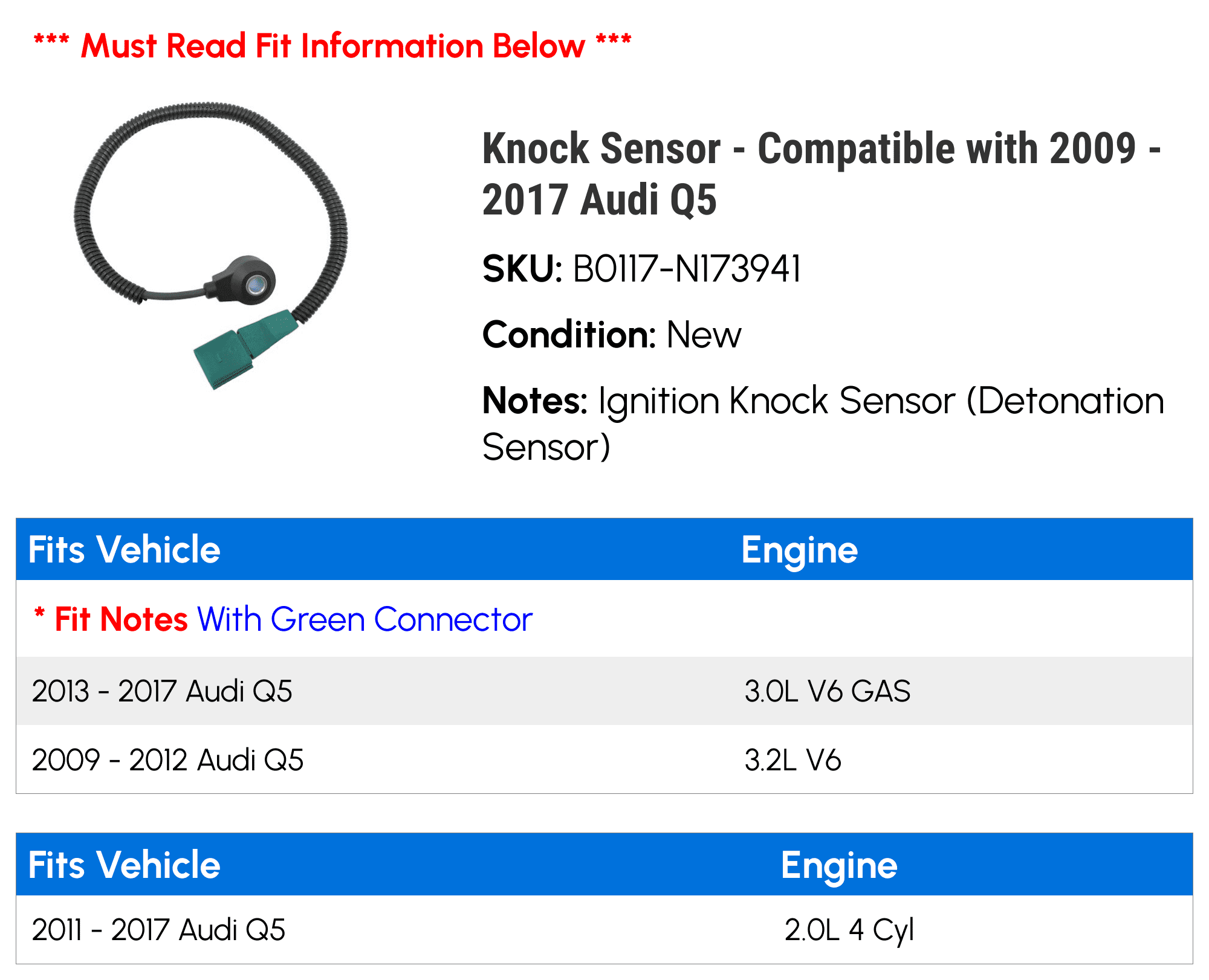 Knock Sensor - Compatible with 2009 - 2017 Audi Q5 2010 2011 2012 2013 2014 2015 2016
