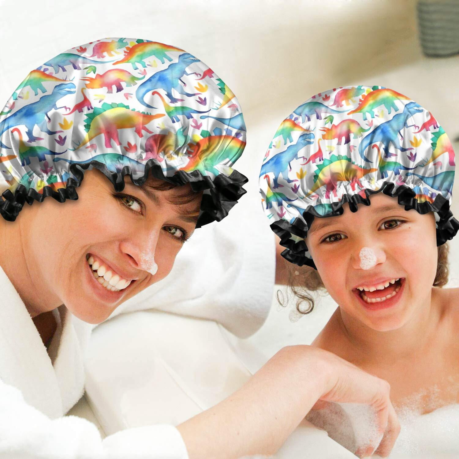 Shower Caps,White Cartoon Watercolor Dinosaurs Pattern Waterproof Shower Cap for Women 4 Pieces,Double Reusable Hair Cover for Shower PEVA Elastic Stretch Hem