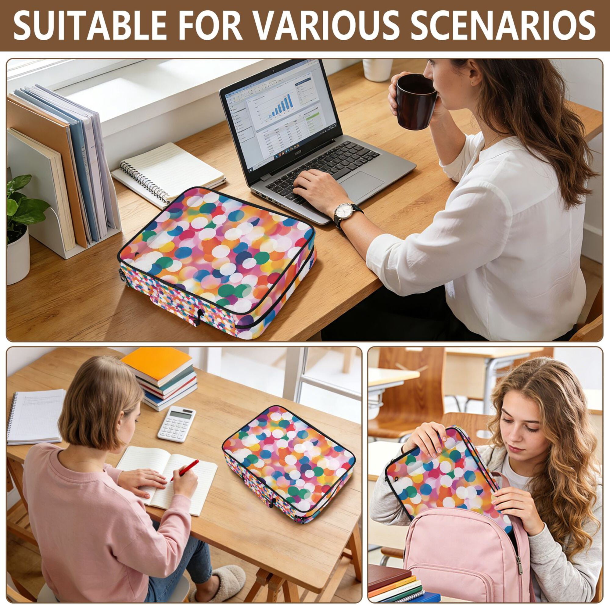 FORMRS Accordion File Folder A4 Size 7-Pocket Expanding Document Organizer Bag with 3 Ring Binder, White Colorful Circles