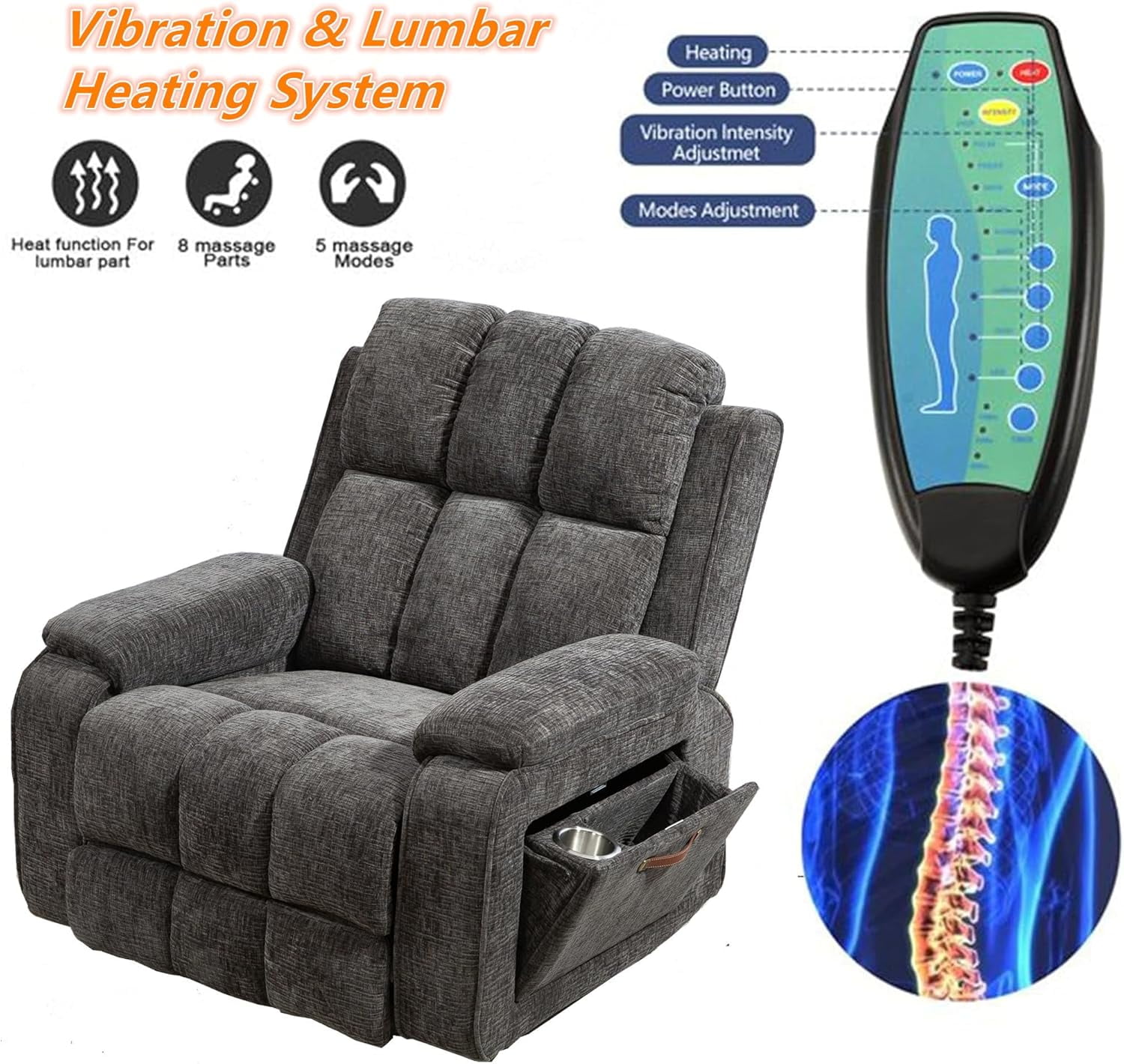 Power Lift Recliner Chairs for Elderly - Infinite Position Lay Flat Recliner with Heat & Massage Side Storage Cup Holder - USB Type C Charging - Dual Motor Lift Chair 400 lbs