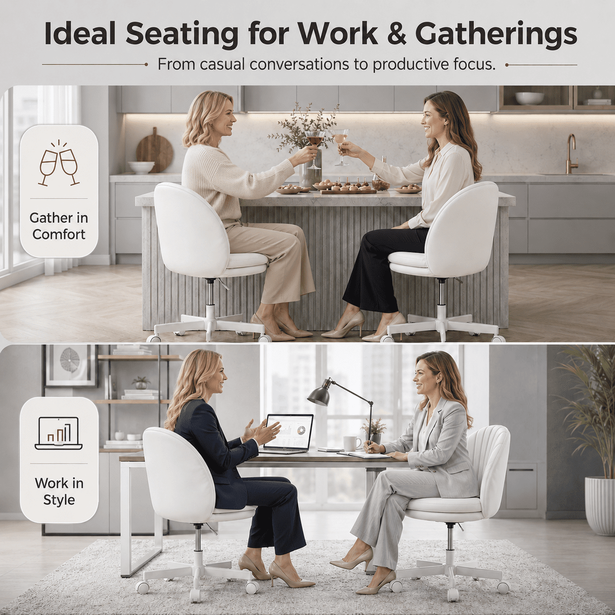LUCKLIFE Office Desk Chair with Shell Back, 17.7"-23.6" Height Adjustable PU Leather Mid-Back Task Chair, Armless Computer Chair for Home Office, White