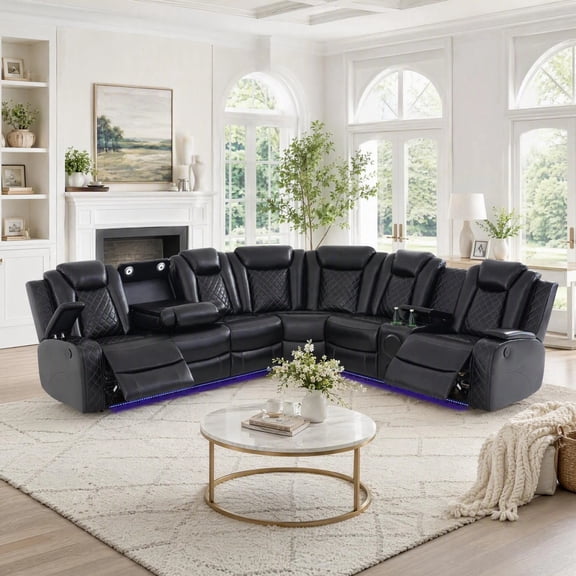 Black Power Reclining Sectional Sofa Set with LED Light,Air Leather, Living Room, Cup Holder, Storage Console