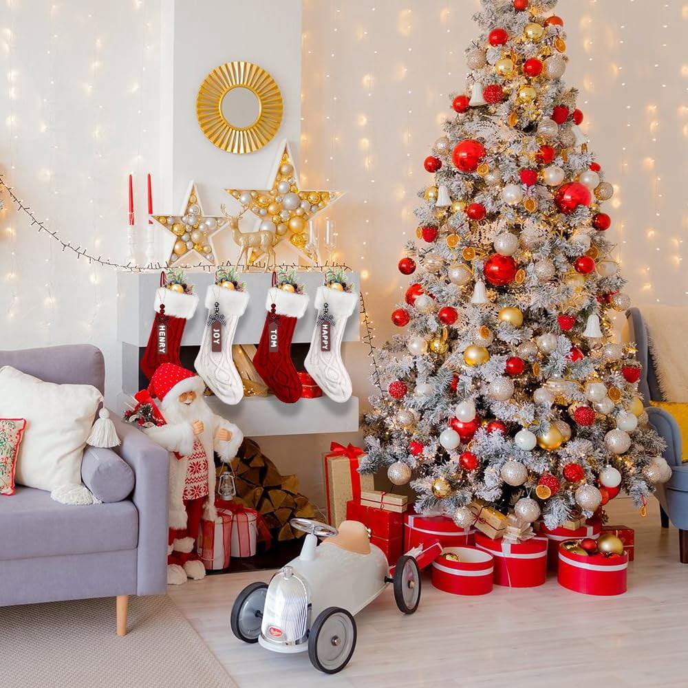 COCOBELA 4PACK Christmas Stockings,18Inches Large Cable Knitted Stocking Personalized Xmas Hanging Stocking Decorations with Name Tags for Holiday Christmas Party Family Decor