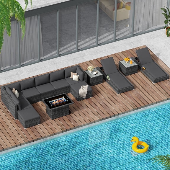 RADIATA 13-Piece wicker outdoor sectional with fire pit, patio furniture set with fire pit table, high back patio furniture set, large outdoor sectional, modern patio furniture set,Gray/Dark gray