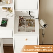 Vabches Vanity Set with Sliding Mirror and Lights Makeup Table with 3 Drawers & 2 Cabinets & 5 Shelves, White