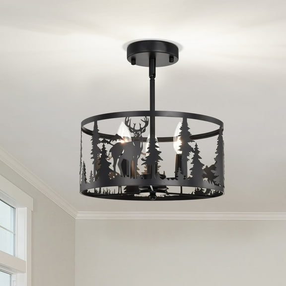 Rustic Semi-Flush Mount Ceiling Light - 3-Light Farmhouse Metal Chandelier with Deer Bear Design, Industrial Black Dining Room Light Fixture for Kitchen, Bedroom, Hallway, or Foyer