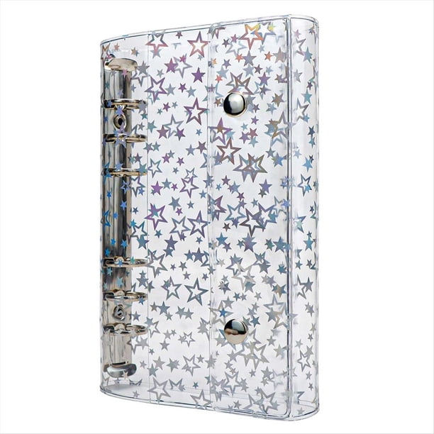 Cubierta para Carpeta Económica A6, Carpeta de 6 Anillas de PVC Transparente, Protector de Carcasa Recargable para Cuaderno con Estrella Brillante y 2 Broches