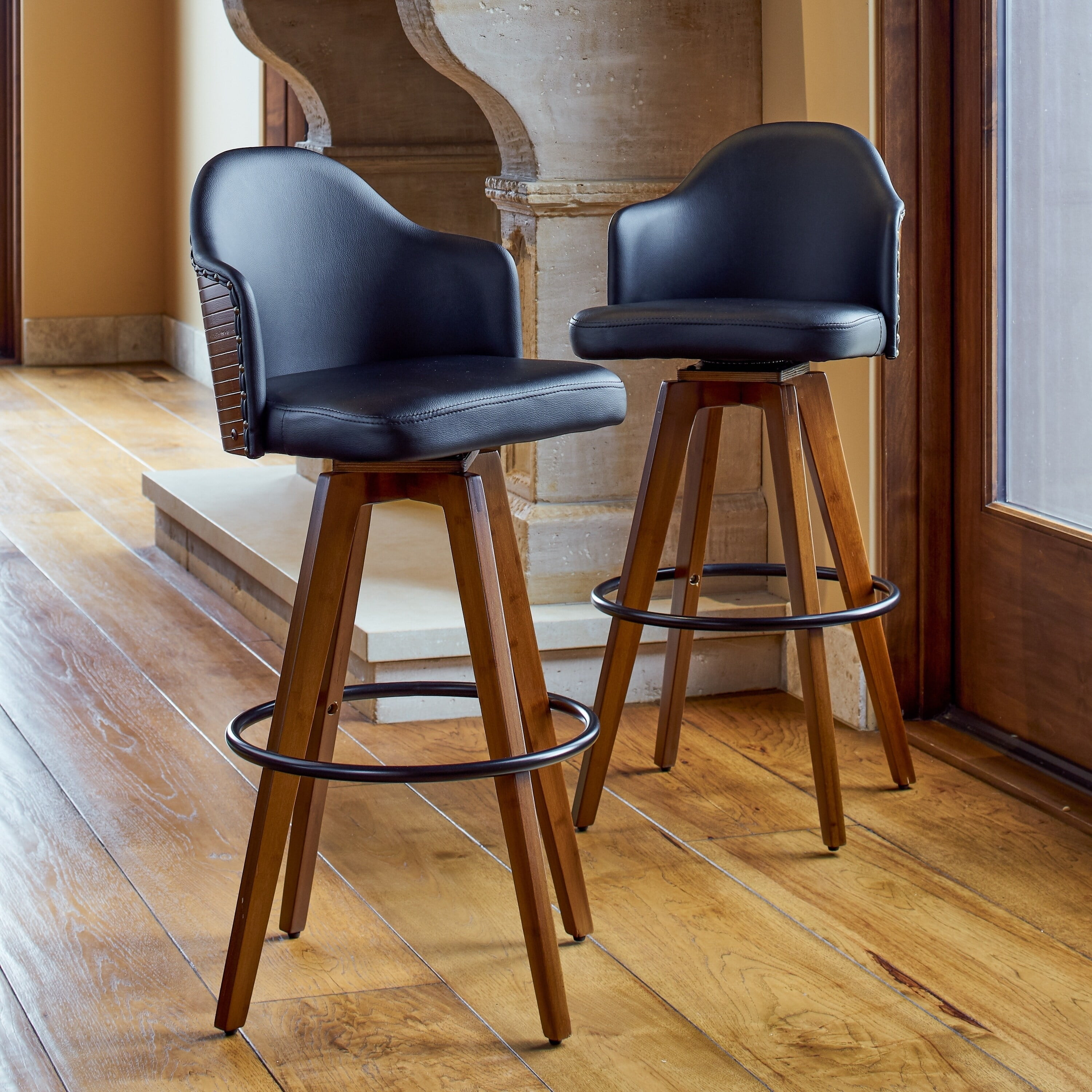 Corvus Metz Mid Century Bonded Leather Swivel Bar Stools Set Of 2