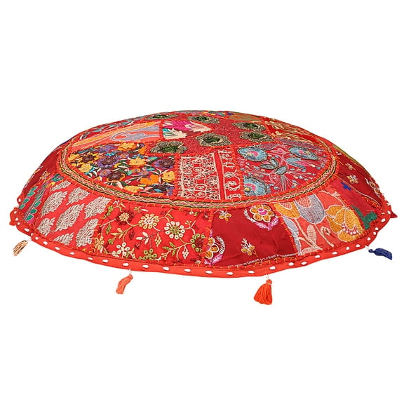 Stylo Culture Ethnic Floor Cushion Seating Vintage Patchwork Pillow Cover Red Giant 40x40 Inch Decorative Round Decor Seating Tuffet Seat Pouf Cover Footstool Cotton Embroidered 1 Pc