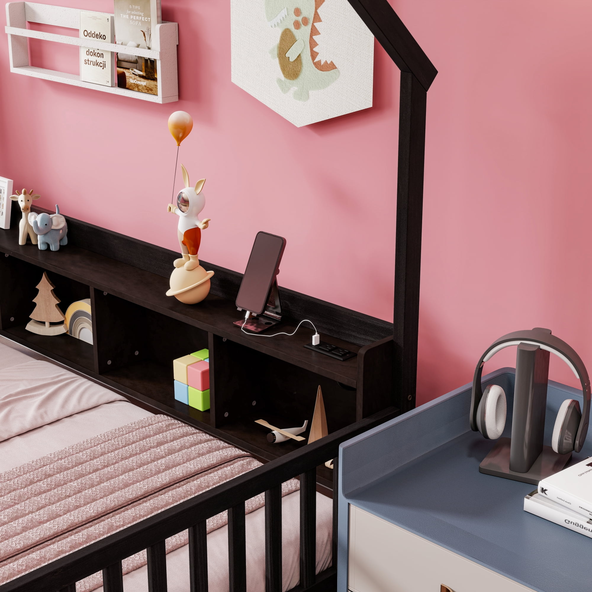 Leumius Twin Size House Floor Bed with Storage Shelves,Built-in LED Lights & Charging Station,Pine Wood Floor Bed Frame with Safety Guardrails for Kids Bedroom Espresso