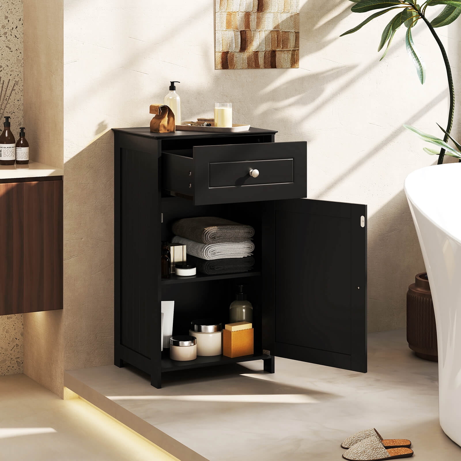 Costway White Floor Storage Cabinet Bathroom Organizer Cupboard Drawer Shelf Bath Towel Black