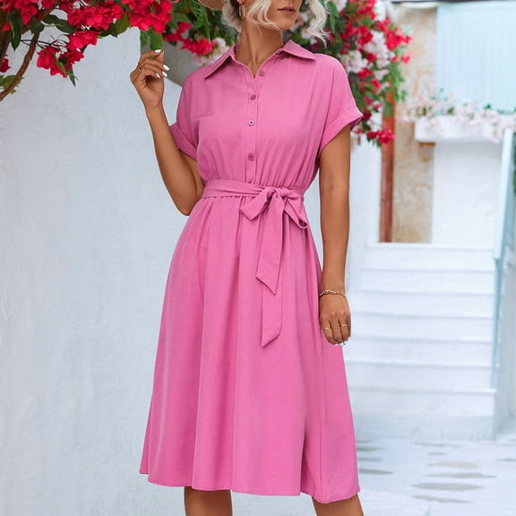 Baikeli Summer Summer Dresses for Women 2024 Summer Dresses for Women 2024 Lapel Neck Sundress Bandage Tunic Outfits Solid Color Dresses Beach Vacation Dress Vacation Dresses for Women 2024