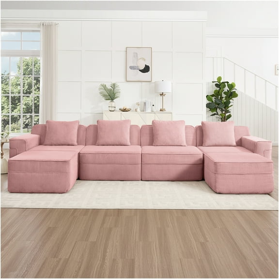JERFIT 4-Piece Modular U-Shaped Sofa Set with Ottomans, Plush Corduroy Fabric, No Assembly Required, Deep Seating Cloud Couch, Pink Living Room Sectional