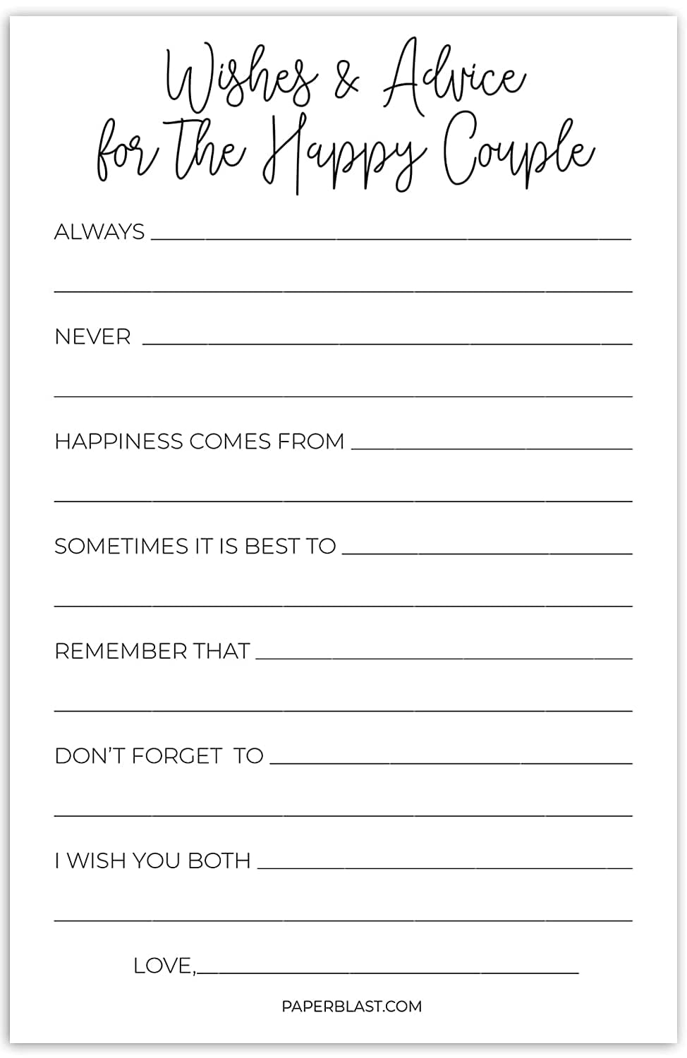 Wishes and Advice for the Happy Couple Minimalist Bridal Shower Game