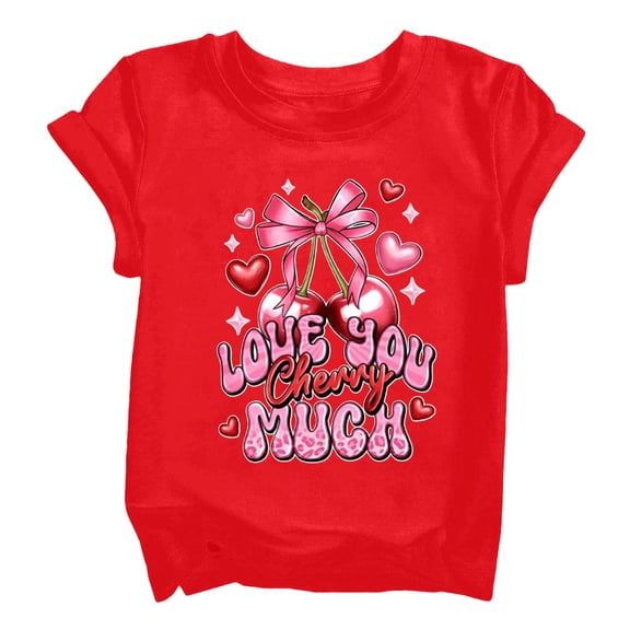 YunPes Girls Short Sleeve Shirts Kids Crewneck Soft T-Shirts Summer Tees 2‐13 Years Teen Y2k Cherry Printed Shirts Streetwear Dance