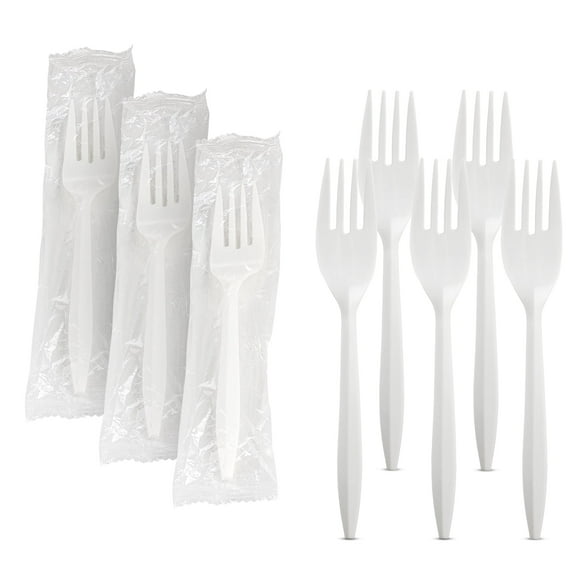 MT Products White Plastic Forks for Dishes, Disposable Individually Wrap - Pack of 100