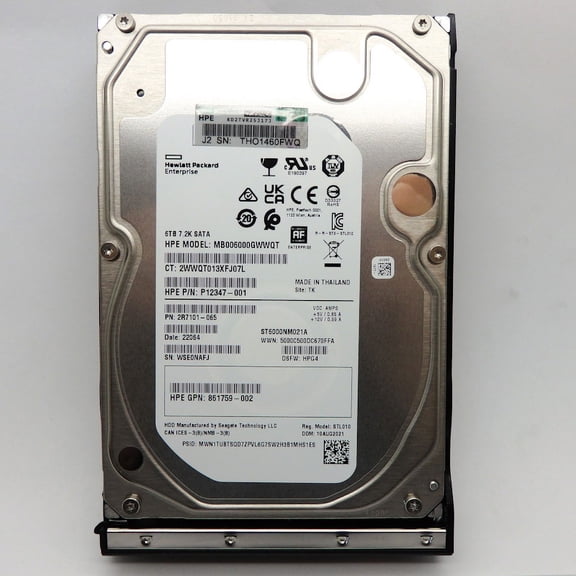 HPE 6TB 7.2K SATA DS 6Gbps 512e 3.5" Hard Drive w/ Tray ST6000NM021A 861759-002