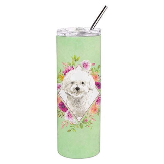 Bichon Frise Green Flowers Double Walled Stainless Steel 20 oz Skinny Tumbler