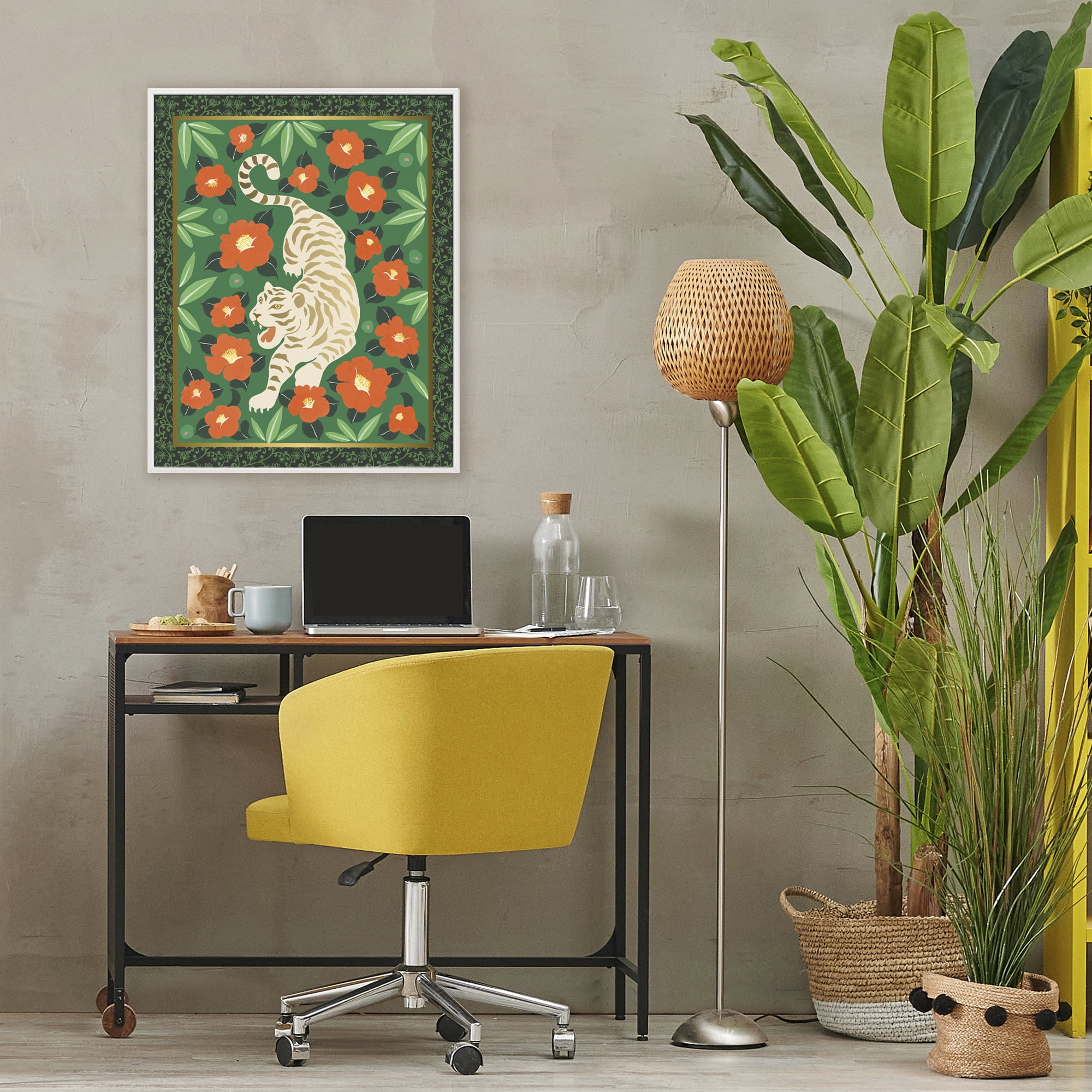 Stupell Industries Eclectic Tiger & Hibiscus White Framed Giclee Art, design by Karolina Sato