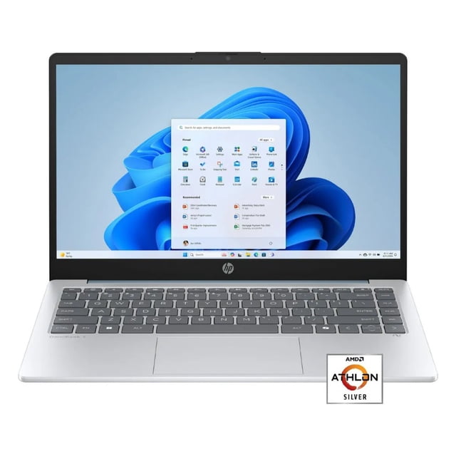 laptop hp 14” hd | amd athlon 7120 | 4gb ram | 128gb ufs | windows 11 | azul vista frontal centrada de laptop HP 14” azul claro con pantalla HD encendida mostrando Windows 11; teclado con teclas tipo chiclet plateadas, panel táctil centrado y logotipo HP en el bisel inferior; carcasa delgada y biseles estrechos, etiqueta pequeña de AMD Athlon en la esquina inferior derecha. Ligera y compacta, ideal para clases en línea y tareas diarias.