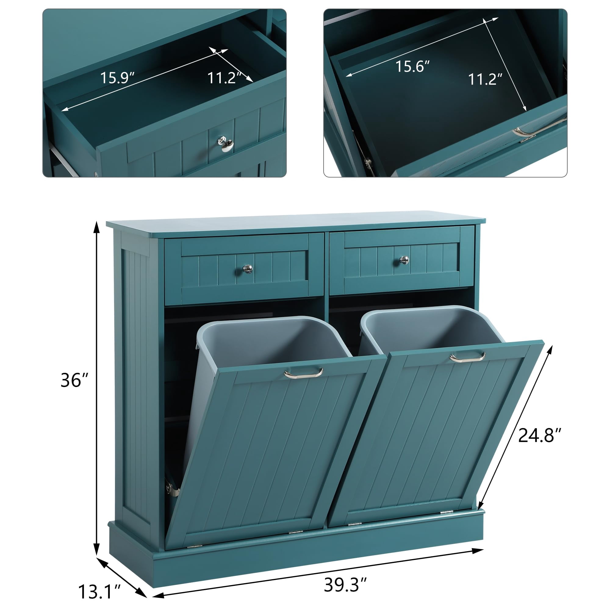 KIGOTY Dual Kitchen Trash Cabinet, Double Tilt Out Trash Can Cabinet with Countertop and Drawer, Free-Standing Pet Proof Recycling Cabinet Garbage Can Holder (Lake Blue)