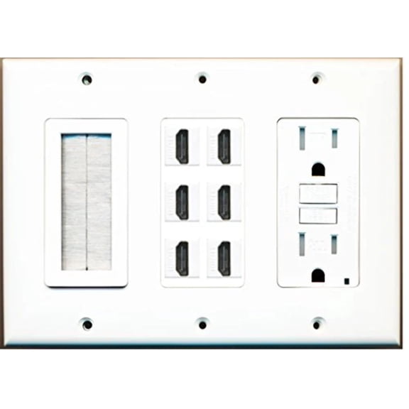 RiteAV - (3 Gang 15A GFCI Outlet Mesh-Brush 6 HDMI Wall Plate White
