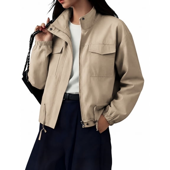 NAYTOAO Womens Zip Up Stand Collar Jacket Multi Pocket Drawstring Hem Outerwear