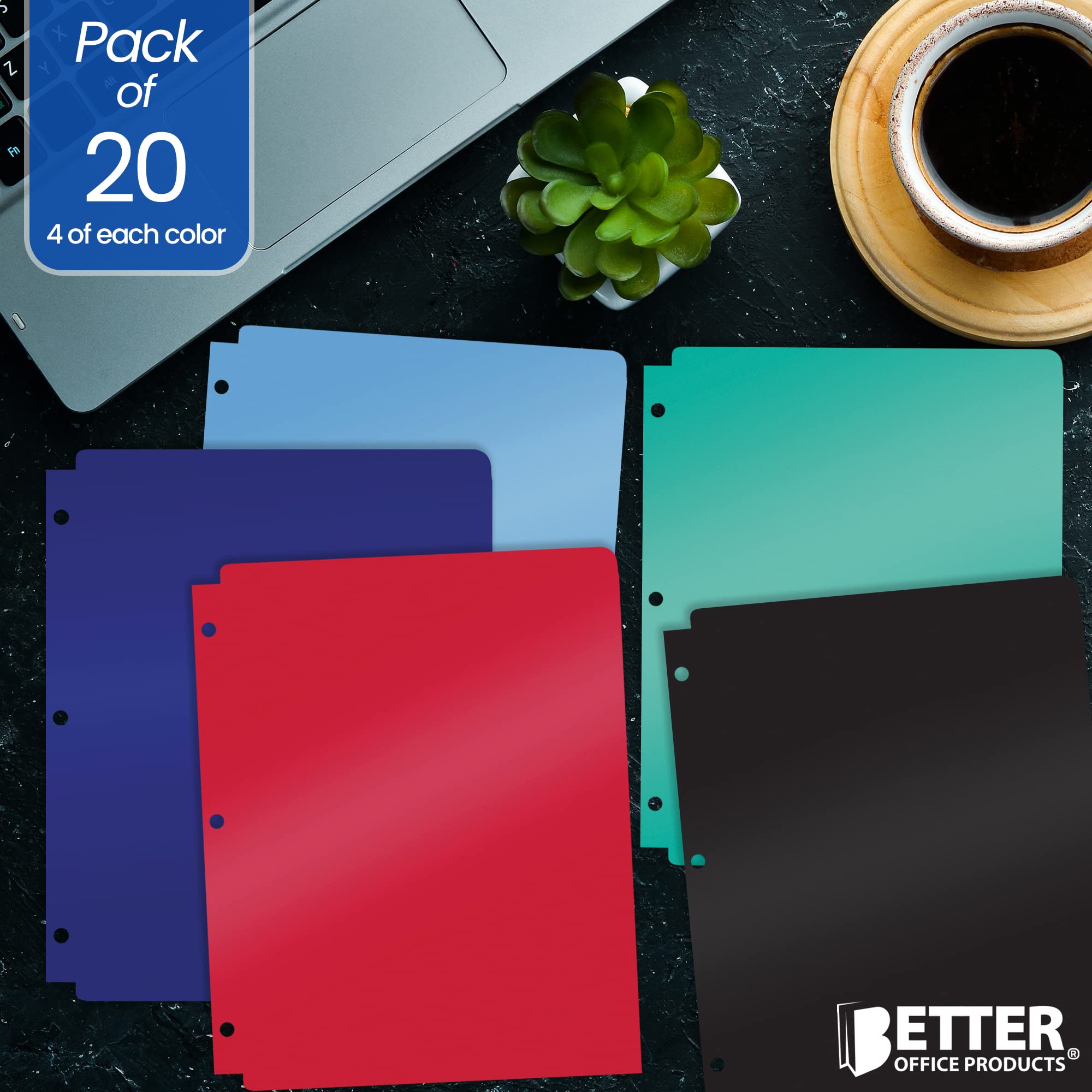 3 Hole Punch Pocket Folders, 20 Pack Bulk Folders, Sturdy Plastic 2 Pocket Folders, Assorted Primary Colors, Letter Size, with Business Card Slot, by Better Office Products, 20 Count