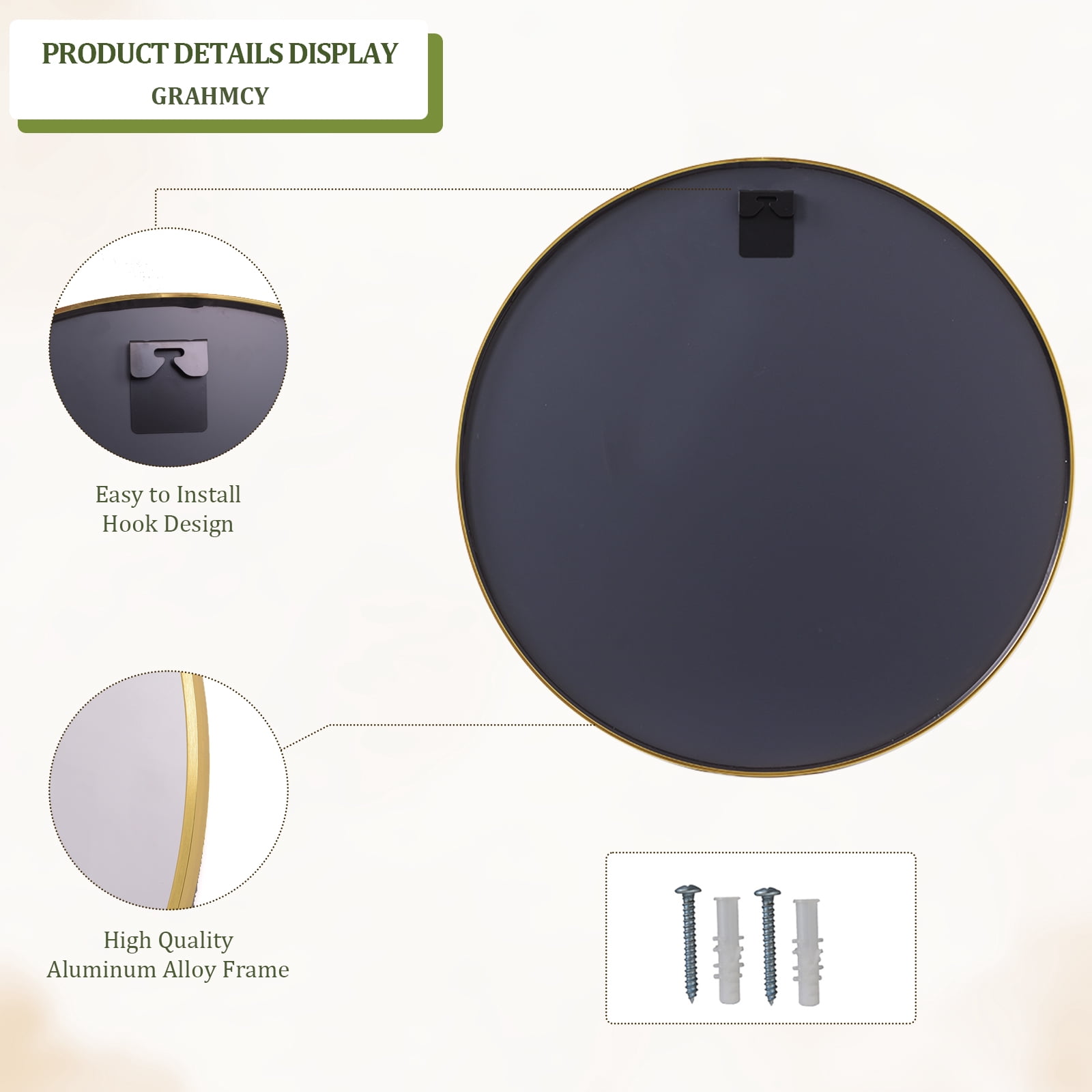 GRAHMCY 24" Round Bathroom Mirror Wall Mirror With Simple Metal Frame, Gold