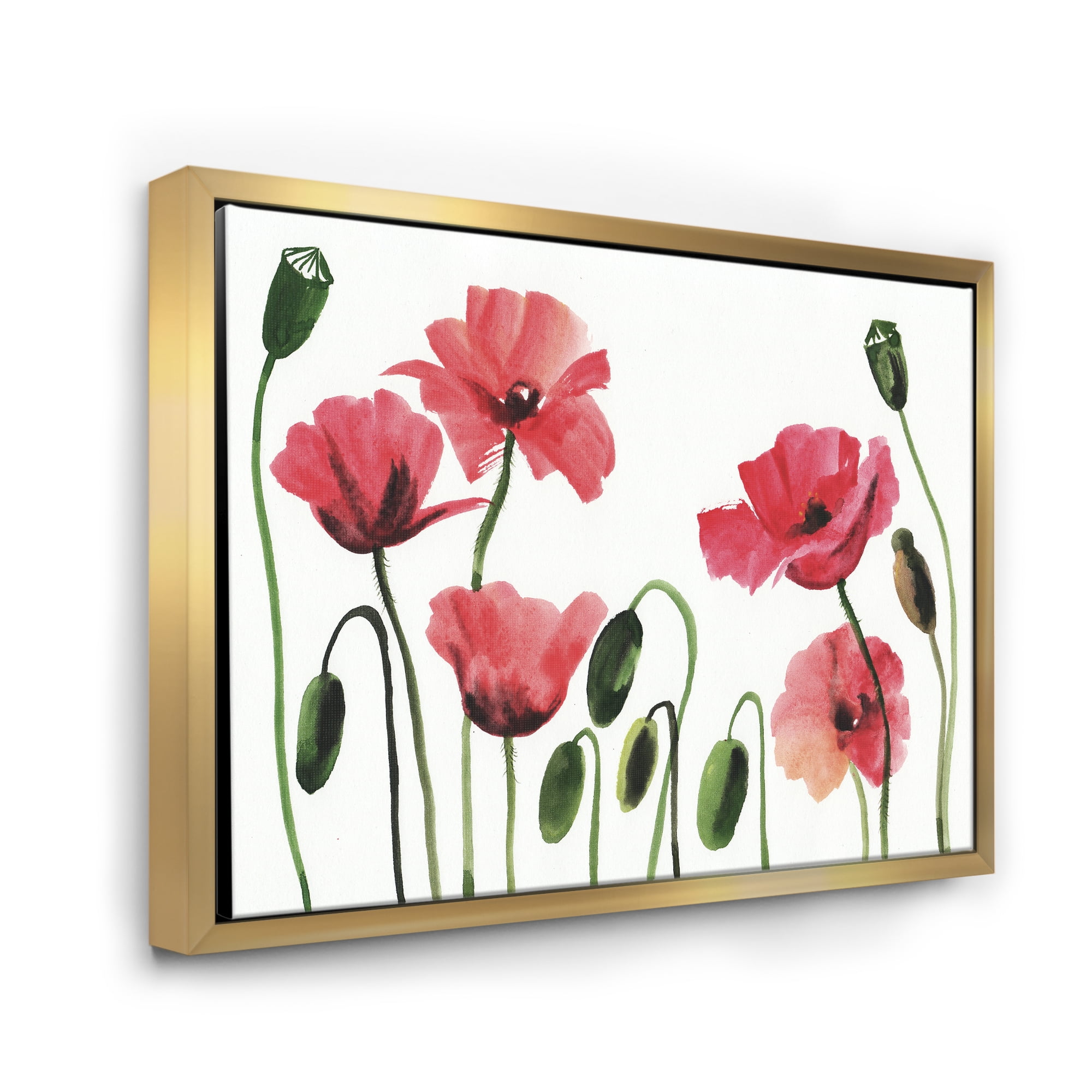 Ancient Red Blooming Poppies 32 in x 16 in Framed Painting Canvas Art Print, by Designart
