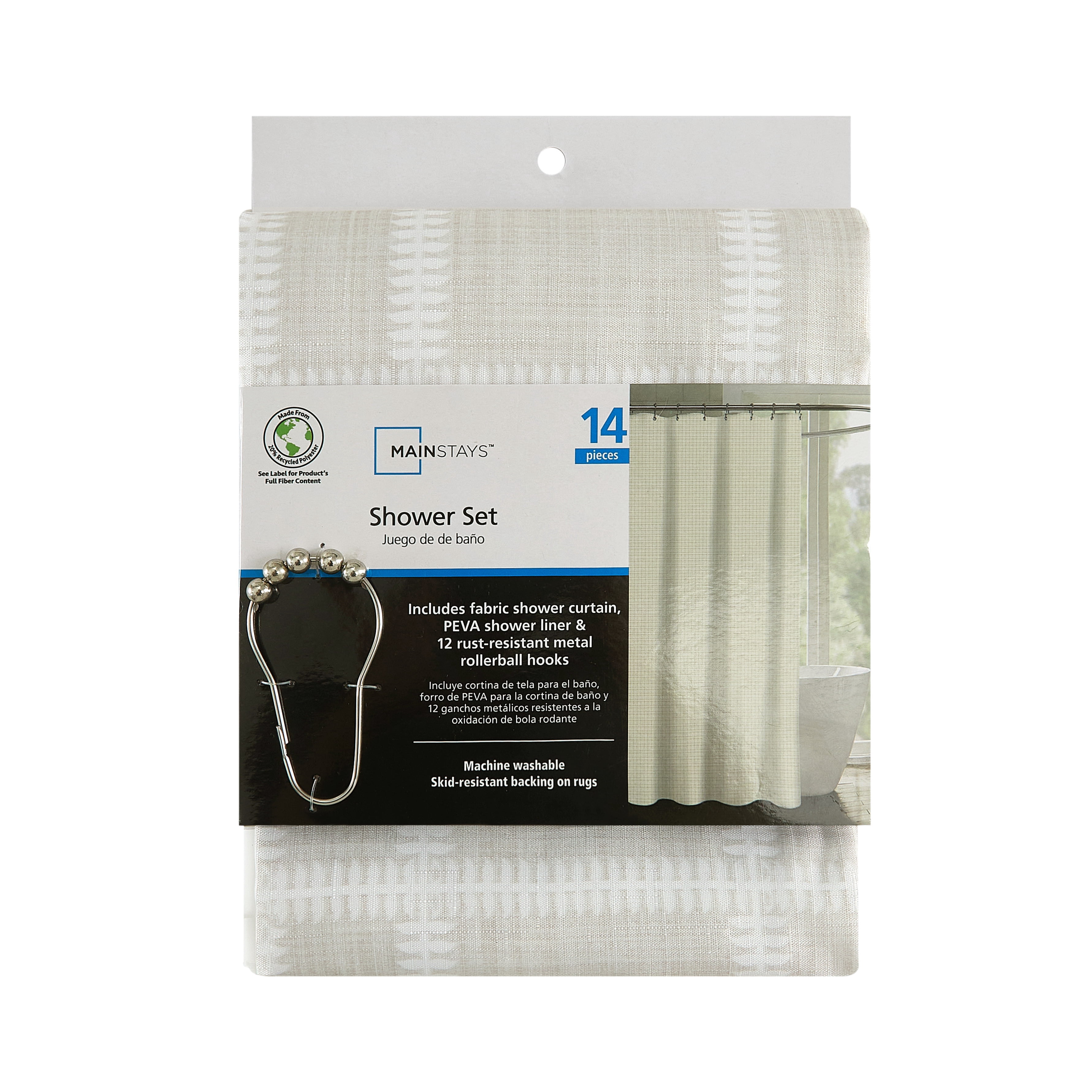 Mainstays Leaf Plaid 14-Piece Faux Linen Shower Set, Cream, 72 in x 72 in