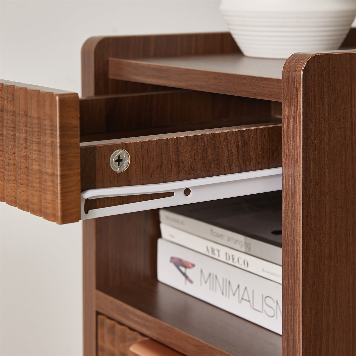 Hommoo 2-Pack Modern Fluted Nightstands with Drawer & Open Cubby, MDF Bedside Tables for Small Bedrooms, Dorms & Living Rooms, Walnut