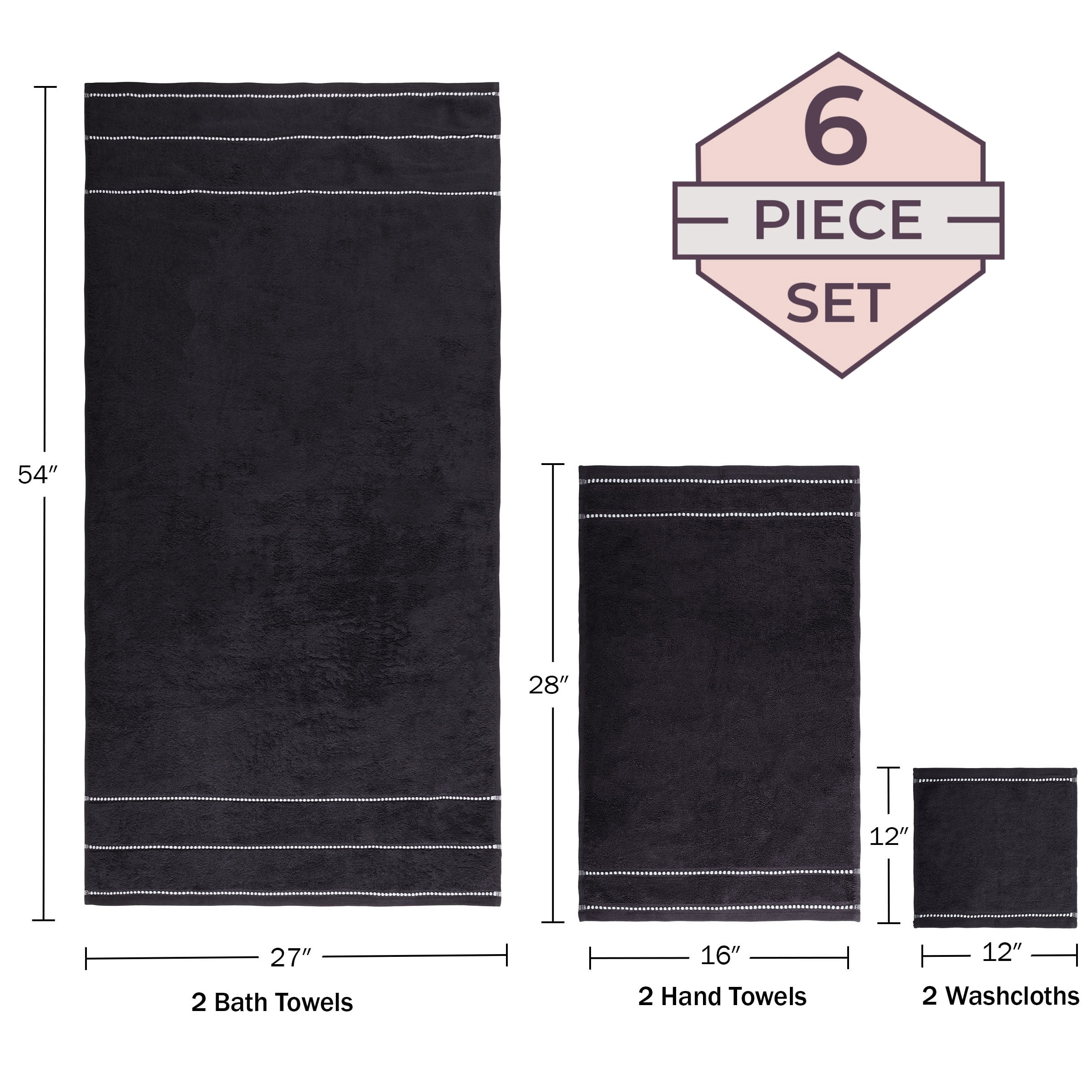 6-Piece Quick Dry Bath Towels Set - 100% Cotton Towel Set for Bath, Gym, and Spa (Black)