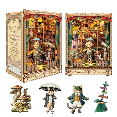Strucwood DIY Book Nook Kit Puppet Theater Wooden Puzzles with LED Dust Cover,3D Crafts Hobbies,Gifts for Adults（SQ-33）