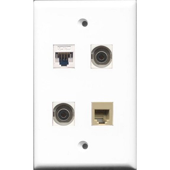 RiteAV - 1 Port Phone RJ11 RJ12 Beige 2 Port 3.5mm and 1 Port Cat5e Ethernet White Wall Plate