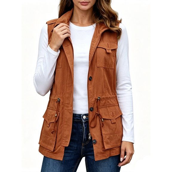 Women Sleeveless Casual Vest Lightweight Drawstring Jackets with Pockets