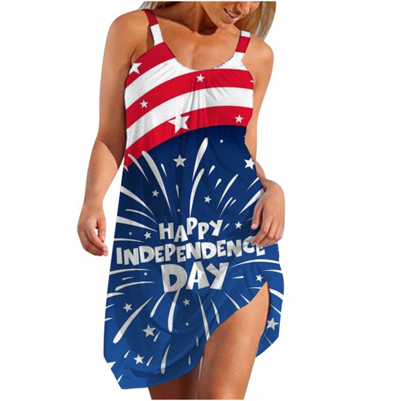 OAVQHLG3B Summer Dress for Women 4th of July Outfits for Women Casual Round Neck Leisure And Entertainment Sling Digital Print Mini Dress