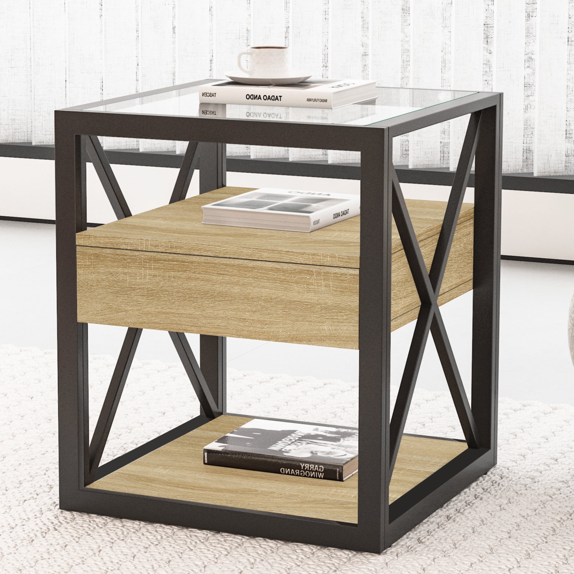 Industrial End Table with Drawer, Modern Side Table or Nightstand with Tempered Glass Top and Sturdy Metal X-Frame, Natural Wood MDF, 3-Tier Storage