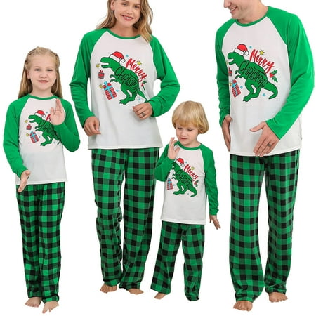 

Family Matching Christmas Pajamas Set Cartoon Dinosaur Print Tops + Plaid Pants Xmas Sleepwear Loungewear Outfit