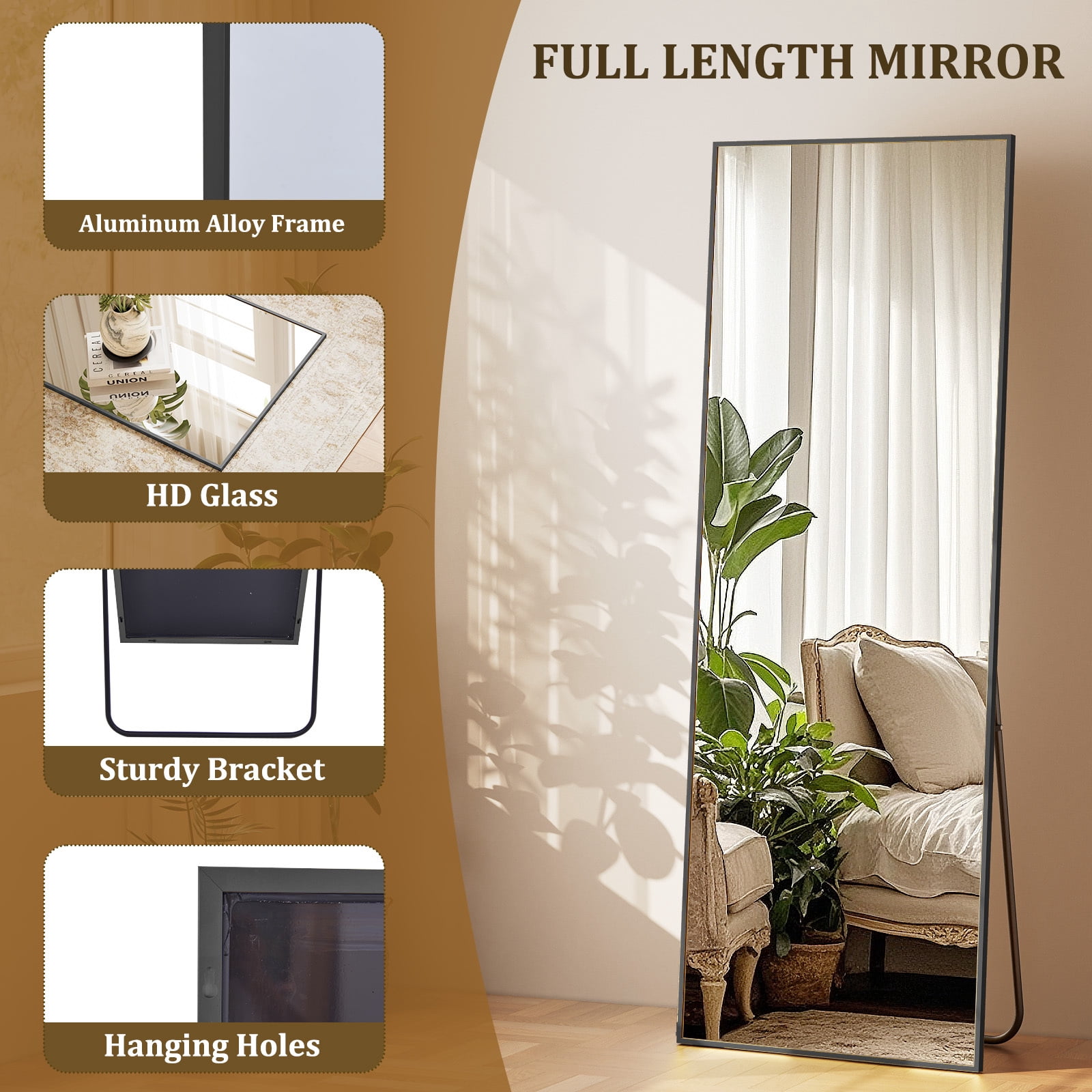 Easy4Home 64"x21" Rectangular Full Length Mirror Freestading Full Body Floor Mirror, Black