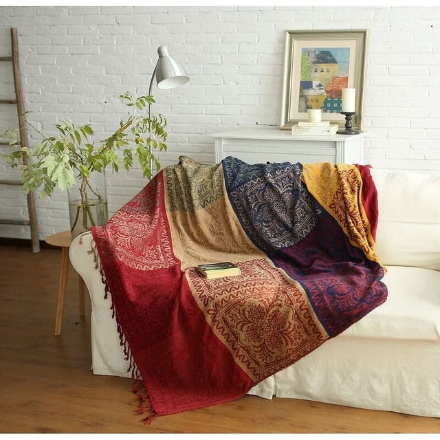Manta De Sofá Simple De Algodón, Manta De Punto con Flecos, Patchwork De Doble Cara, Manta Decorativa Cálida para Viajes De Oficina En Casa Tíbet Rojo 150X190cm