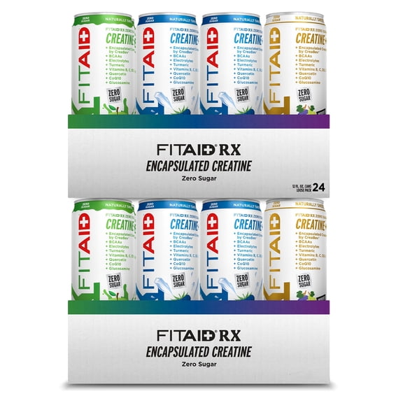 FITAID RX Zero Sugar, Encapsulated Creatine, Workout Recovery Drink, Variety 24 Pack. All-In-One Blend, BCAAs, Glucosamine, Turmeric, Naturally Sweetened, Juicy Apple, Blue Raspberry, Sour Grape