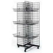 Displays2go 4-Sided Gridwall, Wheels, Baskets (12), Black (GRD4WBKT)