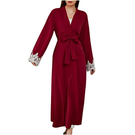 

Women s Floor Length Robe Lace Trim Long Sleeve Belted Nightgown Sleepwear Elegant Nightdress for Women