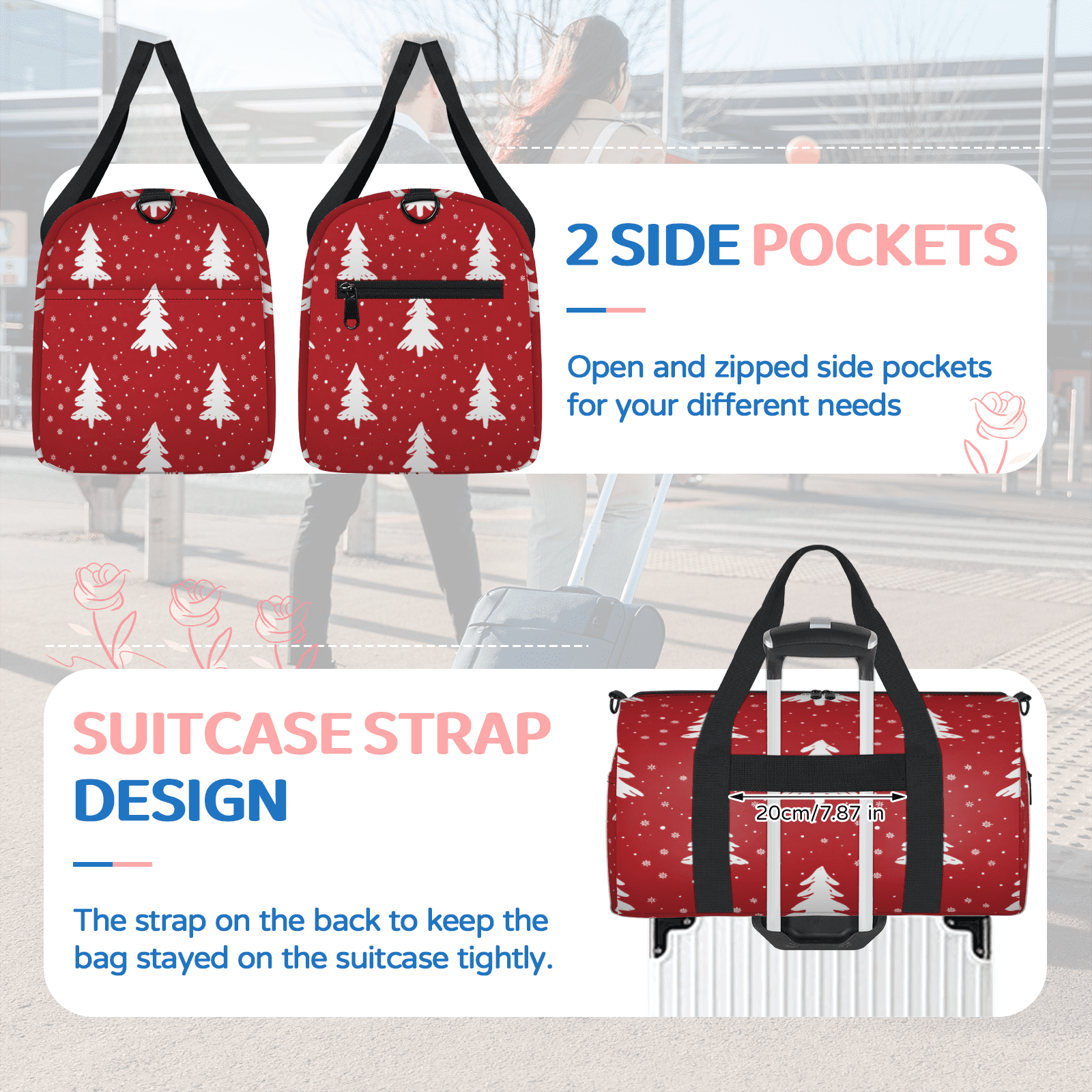 Herdesigns Christmas Tree Travel Duffle Bag Sports Yoga Weekender Overnight Carry on Workout Bags Lightweight Waterproof Gym Tote Bag for Women Red