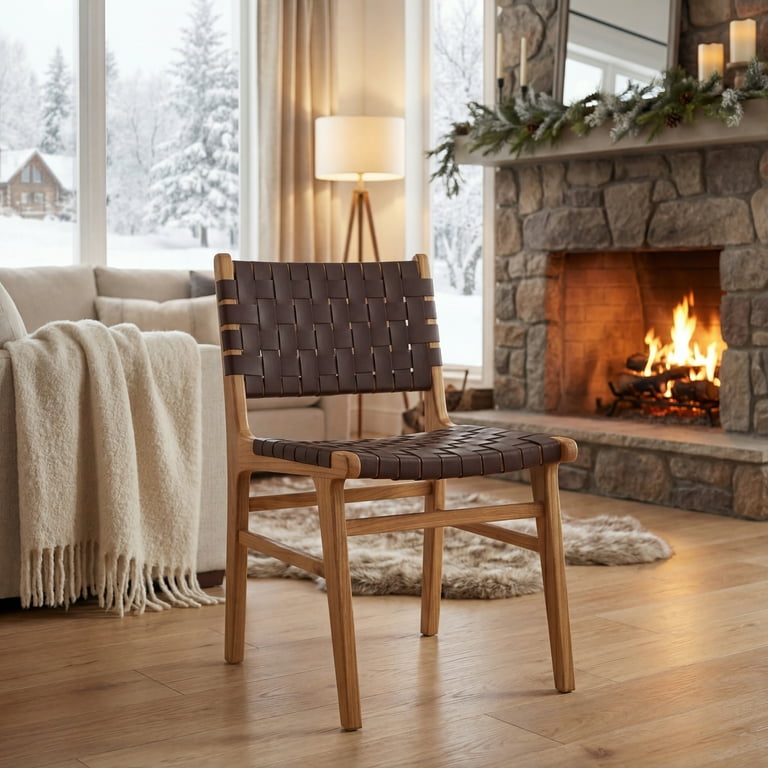 SAFAVIEH Taika Woven Leather Dining Chair, Cognac/Natural, Set of