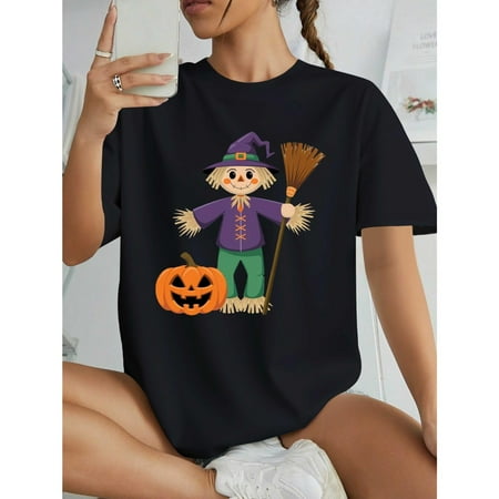 Women Halloween Scary T Shirt Pumpkin Broom Graphic Tee Soft Sheer Casual Party Wear Fall Holiday Outfit Black S-5XL