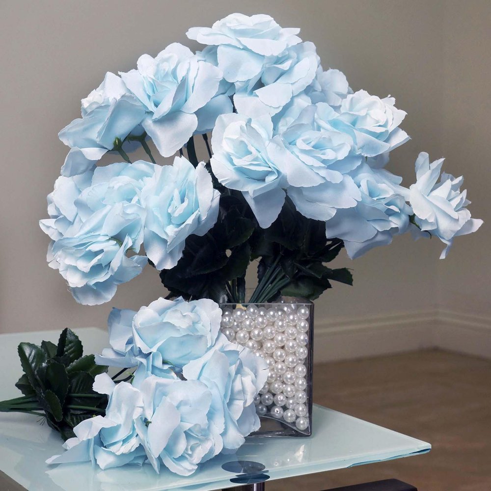 12 Bushes 84 pcs Light Blue Artificial Silk Rose Flowers With Green