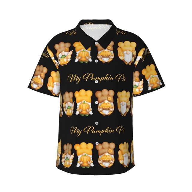 Fotbe Pumpkin Pie Gnome Camisa Hawaiana para Hombre Unisex – Camisa Casual de Verano con Botones de Manga Corta de Algodón y Lino,Small